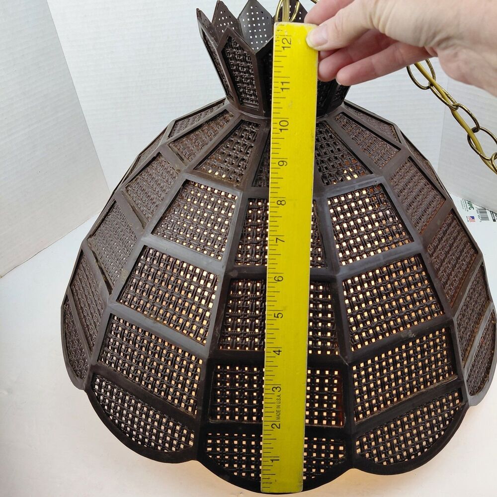 MCM Hanging Swag Lamp Brown Wicker Rattan Shade 12 ft Chain Cord Plug Vtg - Picture 13 of 16